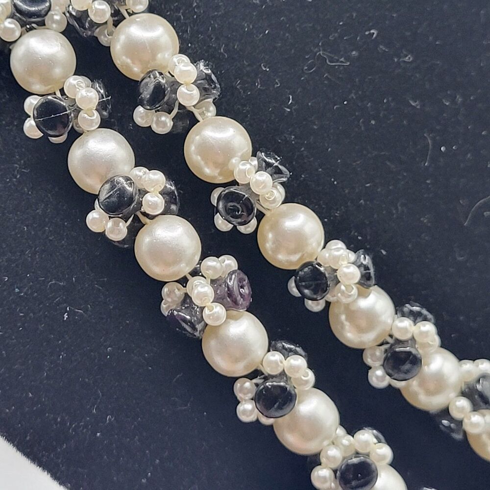 Vintage 80s Black And White Necklace Acrylic Pearls Long Strand Necklace 38in